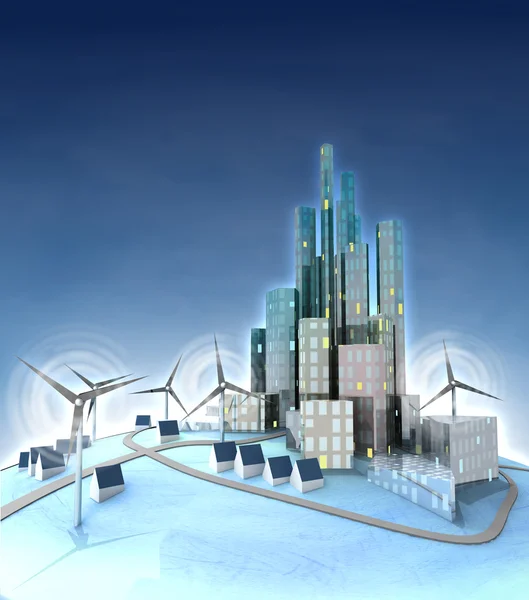 Ecological city development, general view with windmills — Stock Photo, Image