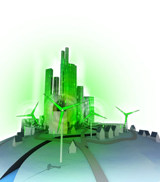 Moinhos de vento criam eletricidade para a moderna cidade ecológica verde — Fotografia de Stock