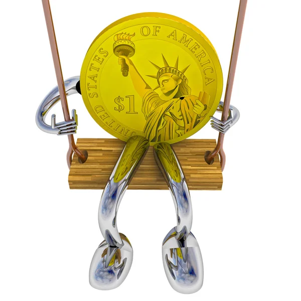 Dollar coin robot swinging on a swing front view illustration — Stock Photo, Image