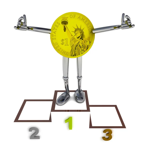 Dollar coin robot as winner standing on podium ceremony illustration — Stock Photo, Image