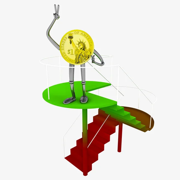 Dollar coin robot standing at the top of red green staircase illustration — Stock Photo, Image