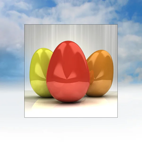 Sky background easter card frame with colorful eggs — Stock Photo, Image