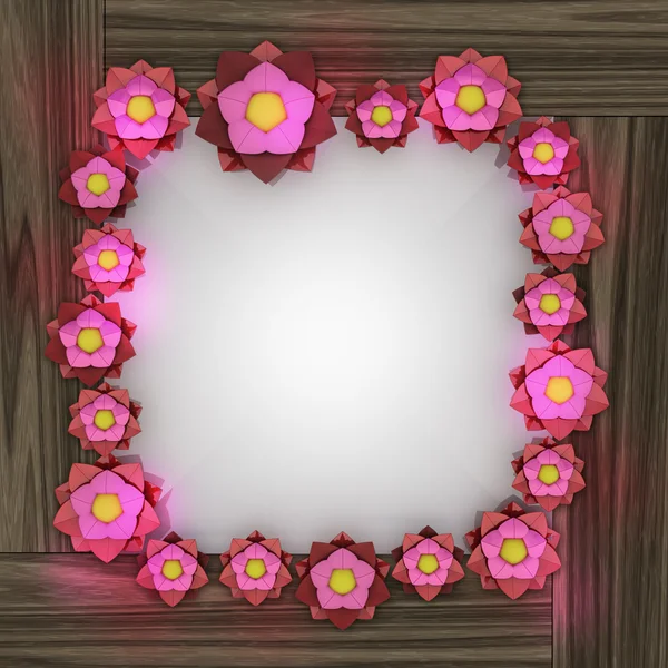 กรอบสี่เหลี่ยมดอกไม้สีชมพูสีแดงบนพื้นผิวไม้ — ภาพถ่ายสต็อก