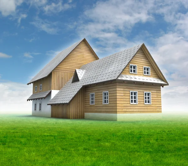 Casa de montanha clássica com grama verde e céu azul — Fotografia de Stock