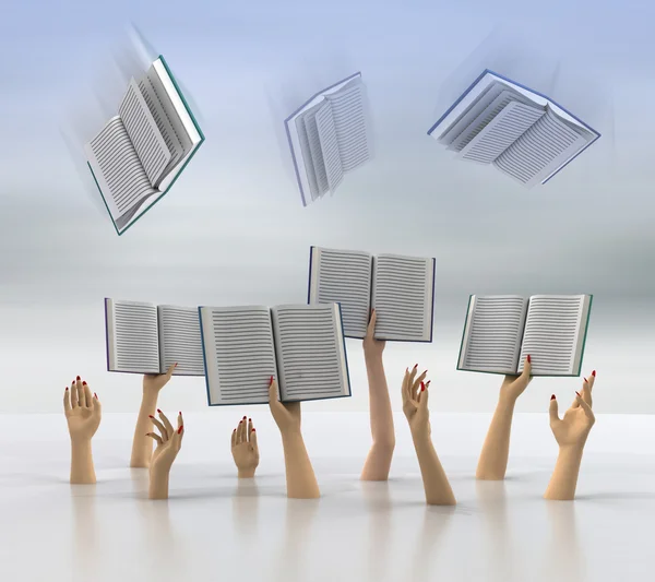 Женские руки ловят летающие книги с размытым небом — стоковое фото