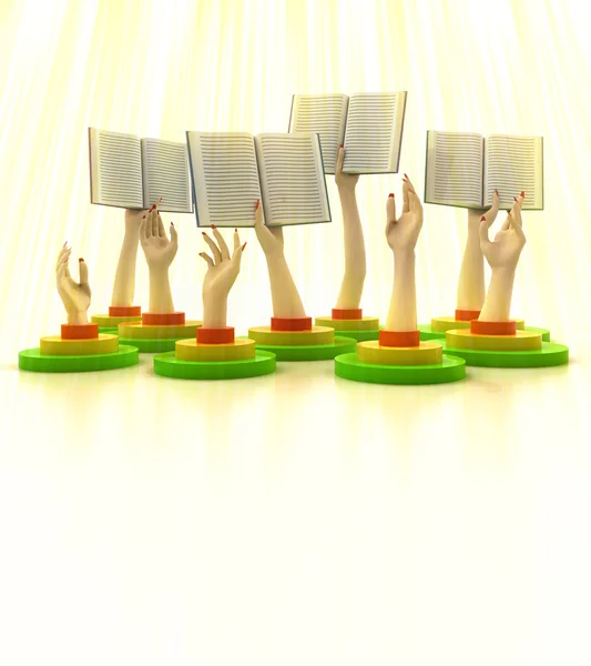 Arms holding books with yellow god beams — Stock Photo, Image