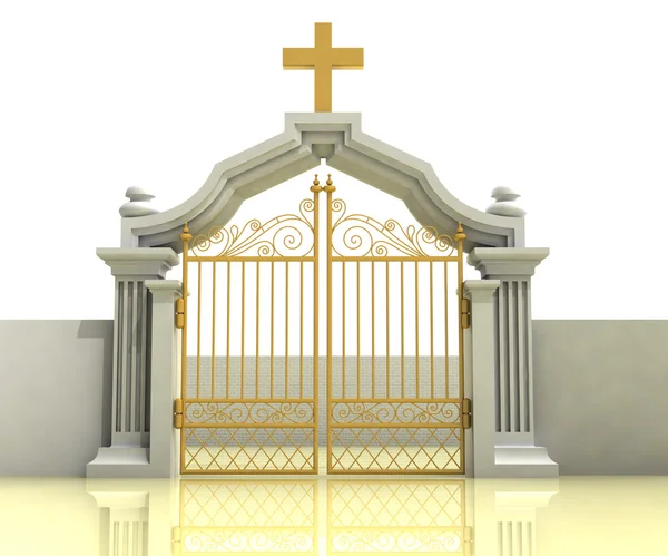 Ancient closed entrance with gold cross above — Stock Photo, Image