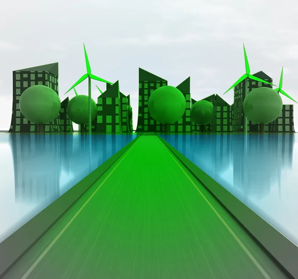 Green road to windmill city island concept — Stock Photo, Image