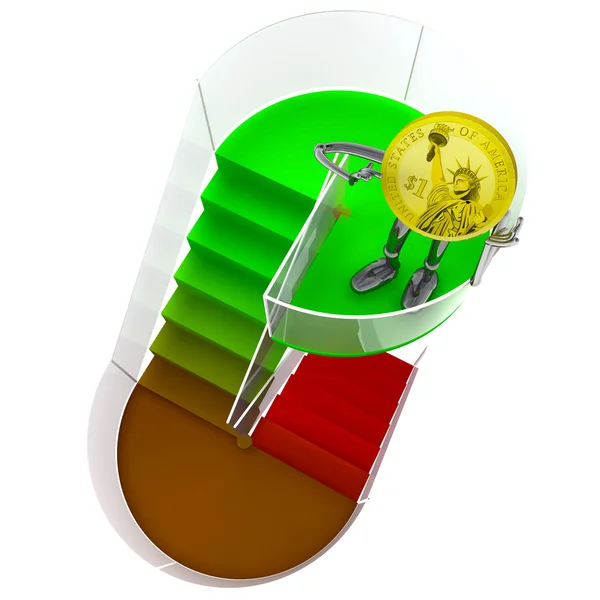 Dollar coin robot standing at the top of staircase illustration — Stock Photo, Image