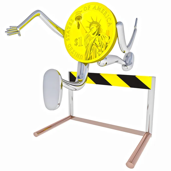 Dollar coin robot jumping above hurdle illustration — Stock Photo, Image