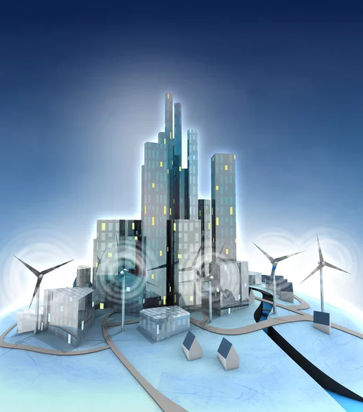 Ecological city general view with windmills — Stock Photo, Image