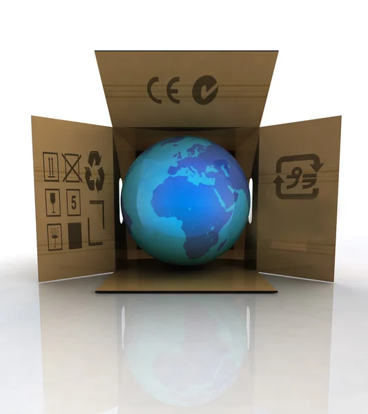 Carton box with world globe with europe and africa — Stock Photo, Image