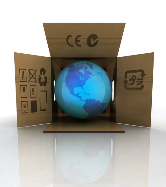 Carton box with world globe with america — Stock Photo, Image