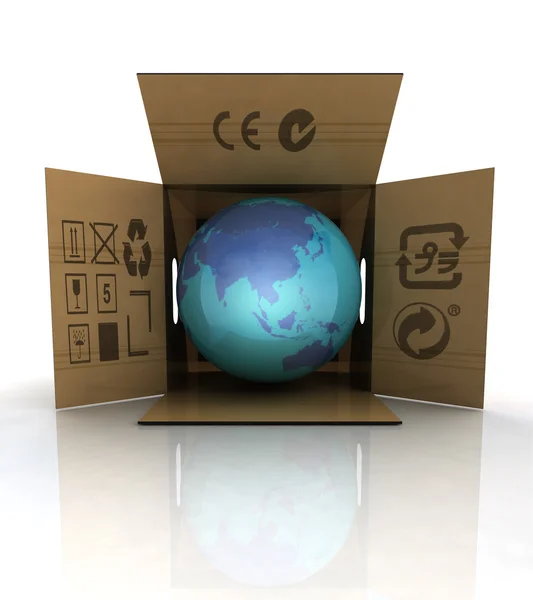 Carton box with world globe with asia and china — Stock Photo, Image