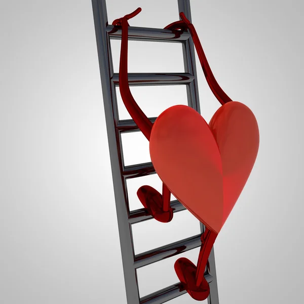Hjärtat hälsa figur klättra upp på metalliska stege — Stockfoto