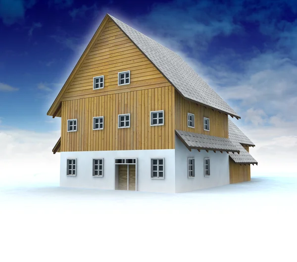 Casa de campo montesa idílica com céu azul — Fotografia de Stock