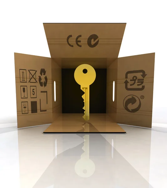 Gyllene nyckel produkt levereras i box koncept — Stockfoto
