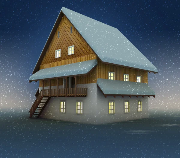 Old mountain hut and window lighting at night snowfall — Stock Photo, Image