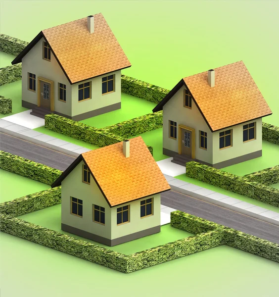 Three houses in neighborhood perspective — Stock Photo, Image