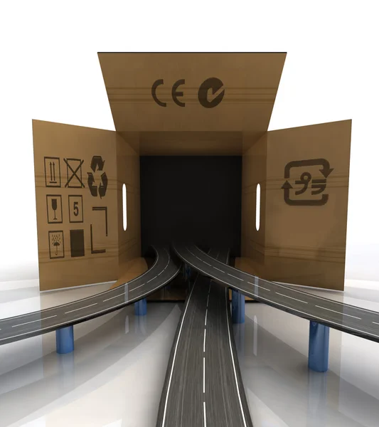 Wereldwijde vervoer karton box snelweg-concept — Stockfoto