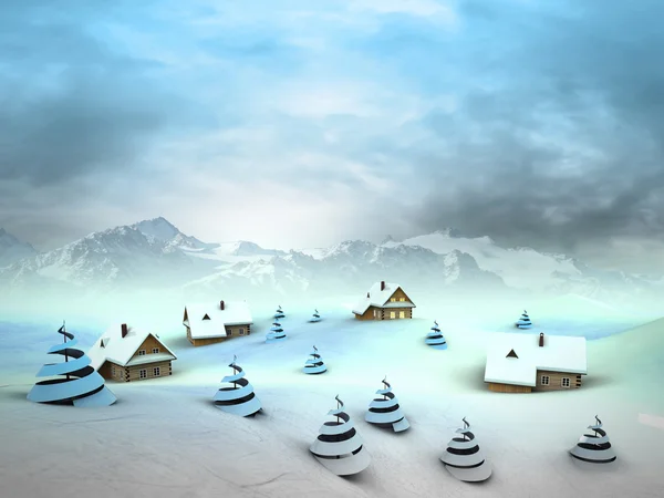 Yüksek dağ manzarası ile kış Köyü perspektif — Stok fotoğraf