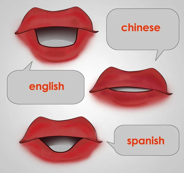 Three cartoon mouth speaking most worldspread languages — Stock Photo, Image