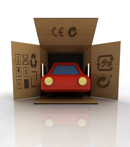 Yeni kırmızı araba teslimat ulaşım kavramı kutu içinde — Stok fotoğraf