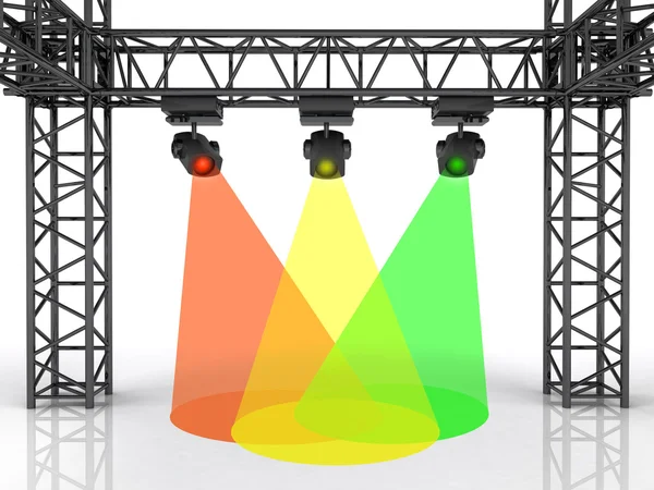 Fase ruimte met drie kleurrijke schijnwerpers — Stockfoto