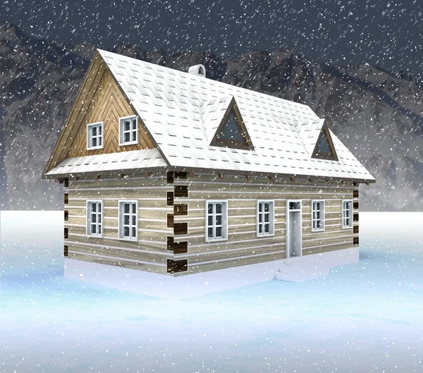 Οίκος κλασική βουνών στο νύχτα χιονόπτωσης — Φωτογραφία Αρχείου