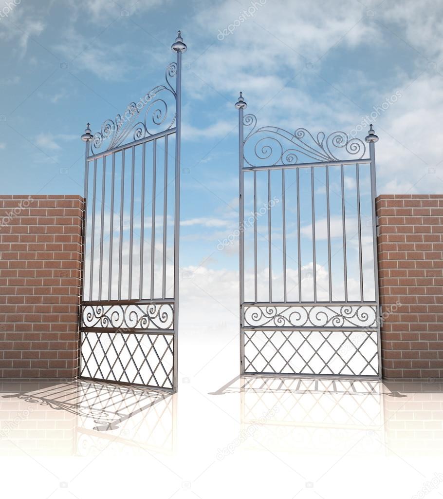 glossy iron gate in strong brick wall concept
