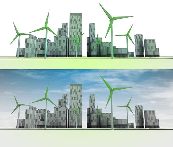 Two city views with buildings and wind turbines — Stock Photo, Image