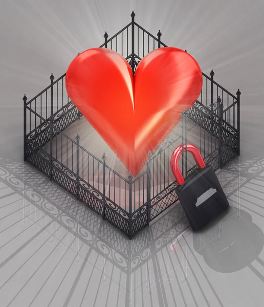 Rött hjärta staket med hänglås låsta koncept — Stockfoto