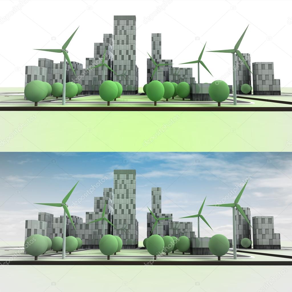 two cityscape with buildings and wind turbines