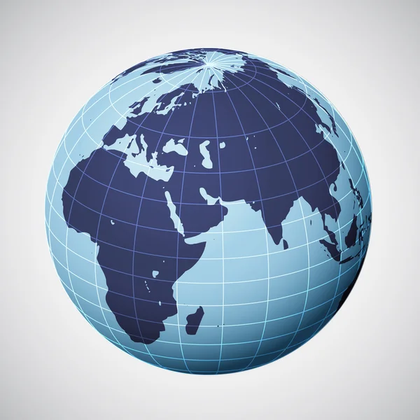 Vector mundo globo en azul centrado en Europa — Vector de stock