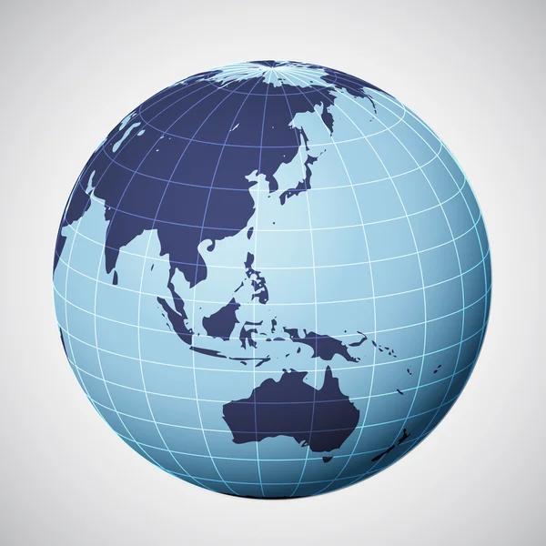 Vector mundo globo en azul centrado en Asia — Vector de stock