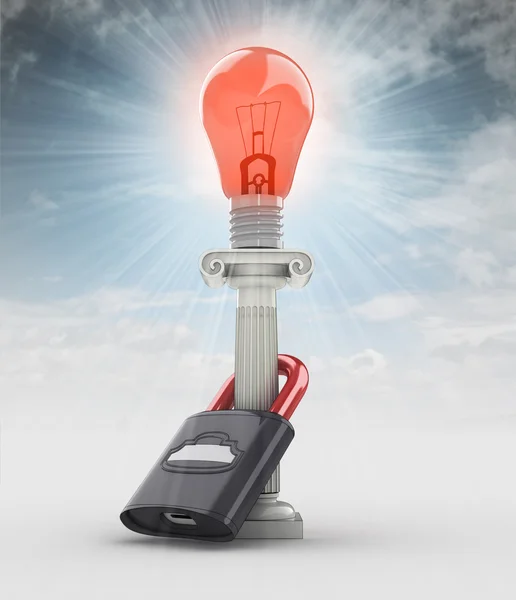Red lighted bulb warning concept on blue sky — Stock Photo, Image