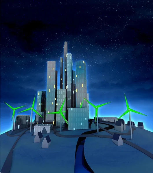 グリーンの風車は夜に近代的な都市を搭載 — ストック写真