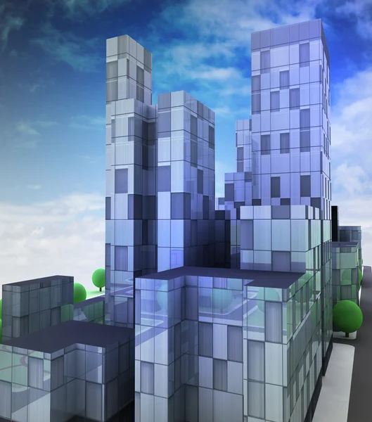 办公大楼在天空中的未来派玻璃蓝色城市 — 图库照片