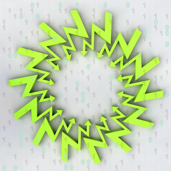 Зеленая стрелка зигзаг-центрированная композиция с двоичным кодом — стоковое фото