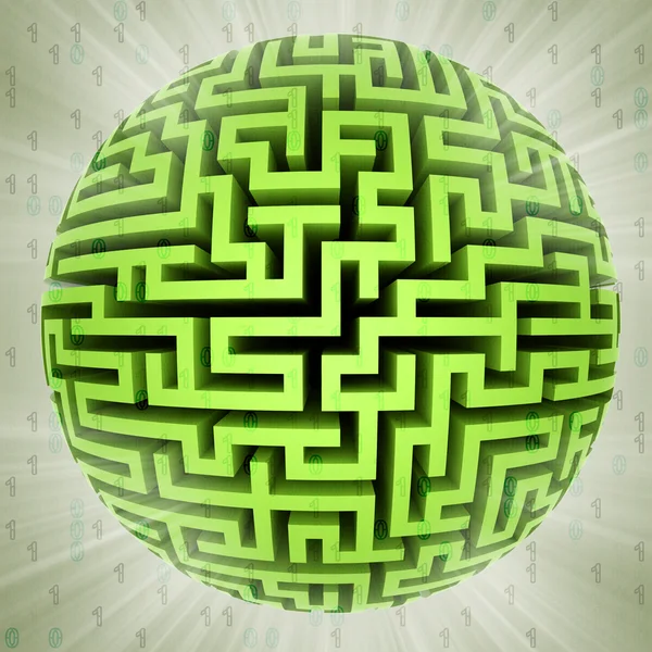 Verde laberinto esfera planeta con fondo de código binario —  Fotos de Stock