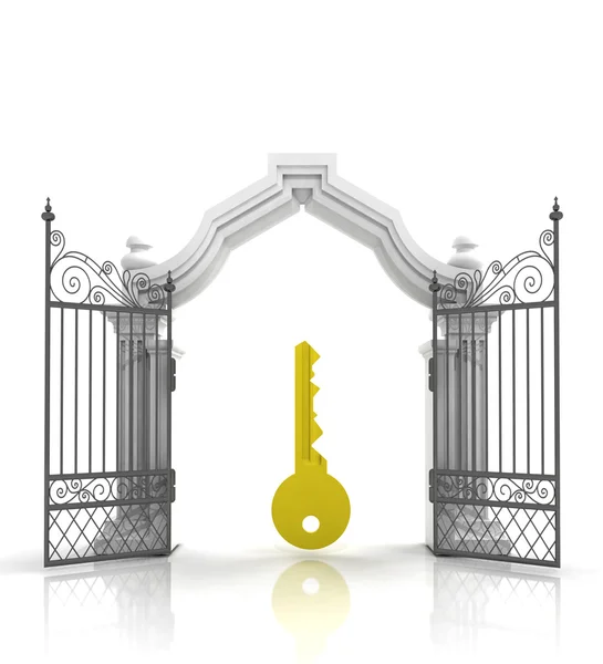 Open baroque gate with golden key — Stock Photo, Image