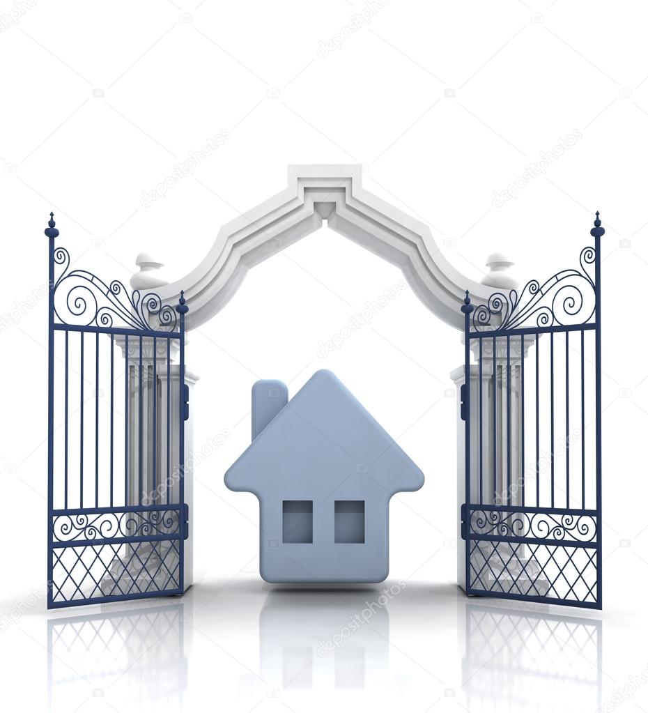 open baroque gate with blue house