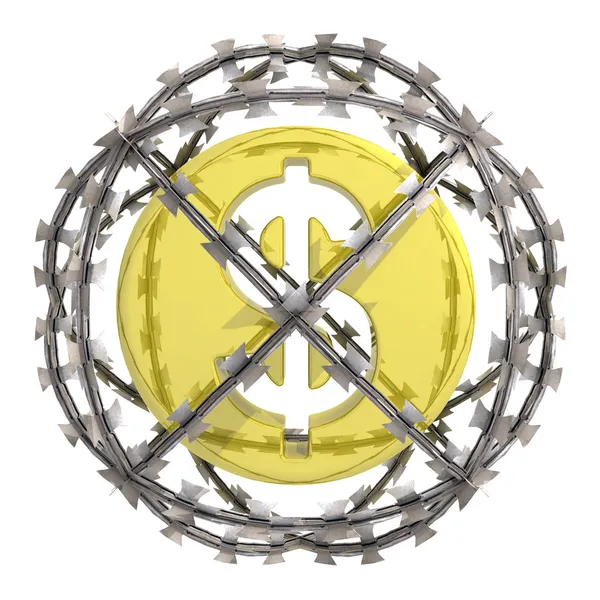 Isolated dollar coin in barbed wire sphere — Stock Photo, Image