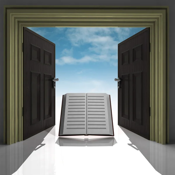 Education book in golden framed doorway with sky — Stock Photo, Image