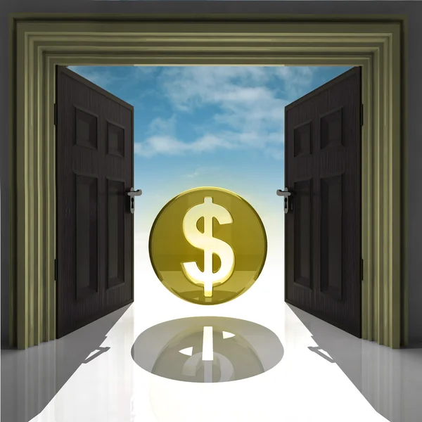 Dollar coin in gold framed doorway with sky — Stock Photo, Image