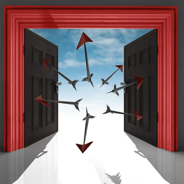 Flying arrows in red doorway with sky — Stock Photo, Image