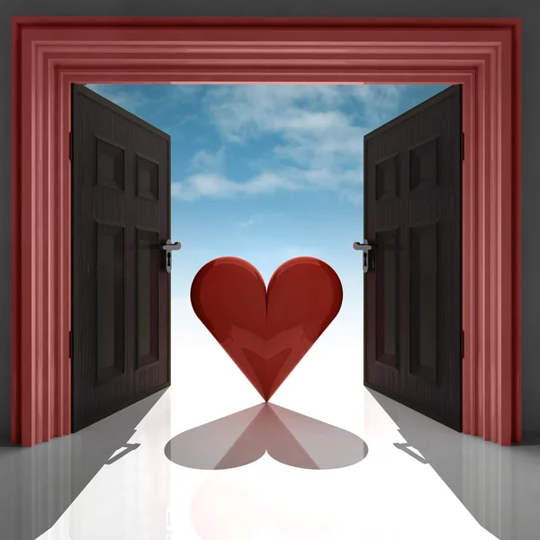 Älska hjärta i rött dörröppning med himmel — Stockfoto