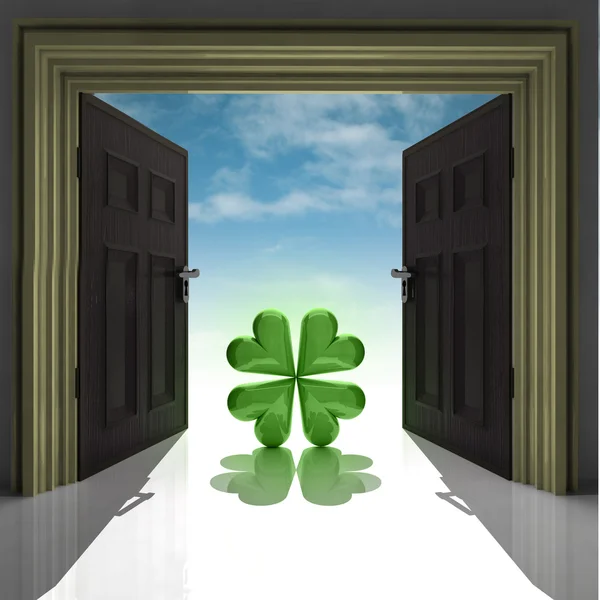 Green happy cloverleaf in doorway with sky — Stock Photo, Image