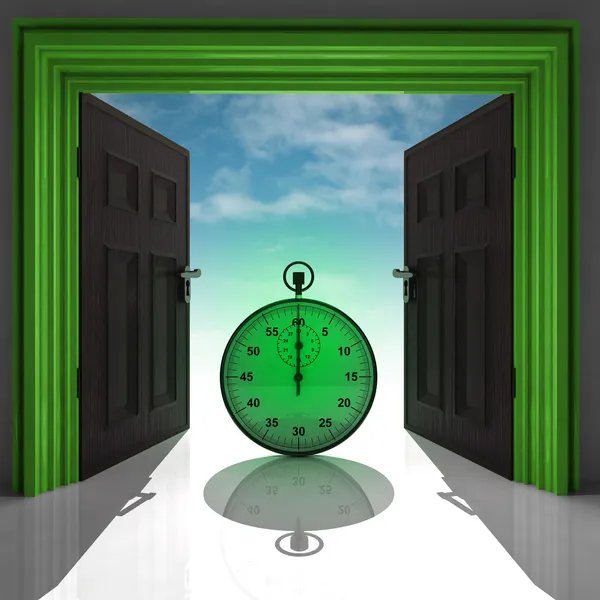 Χρονόμετρο σε πράσινη πόρτα με ουρανό — Φωτογραφία Αρχείου