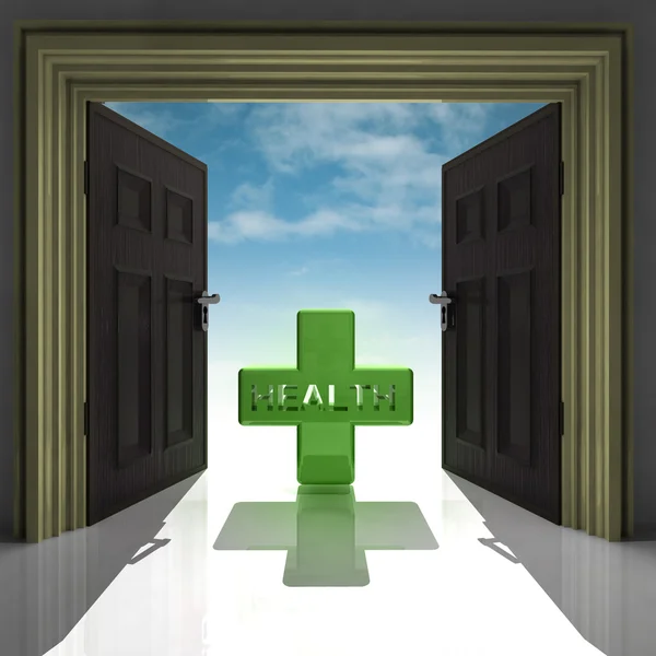 Health cross in doorway with sky — Stock Photo, Image